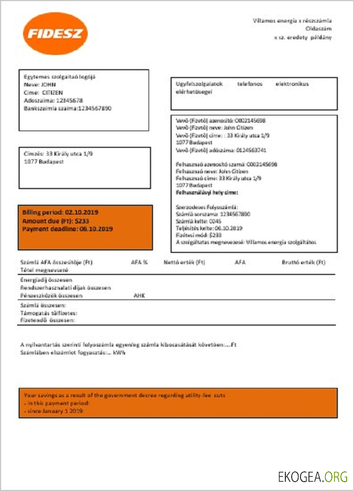 Hungary FIDESZ easy to fill utility bill